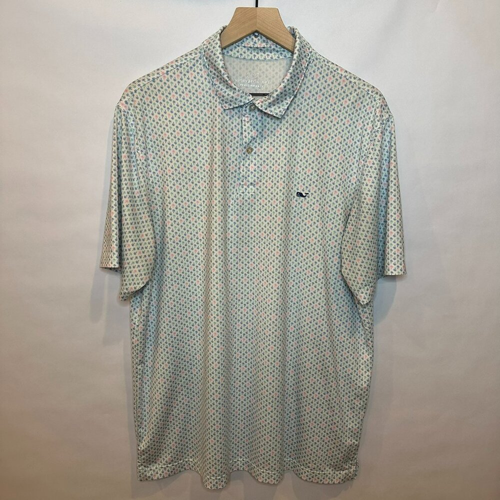 Vineyard Vines, performance golf polo, white with multicolored palm trees, L